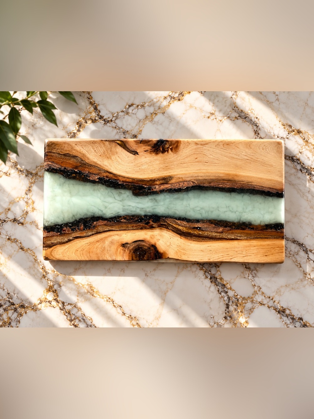 Unique Handcrafted White Epoxy & Live Edge Walnut Wood Serving Tray